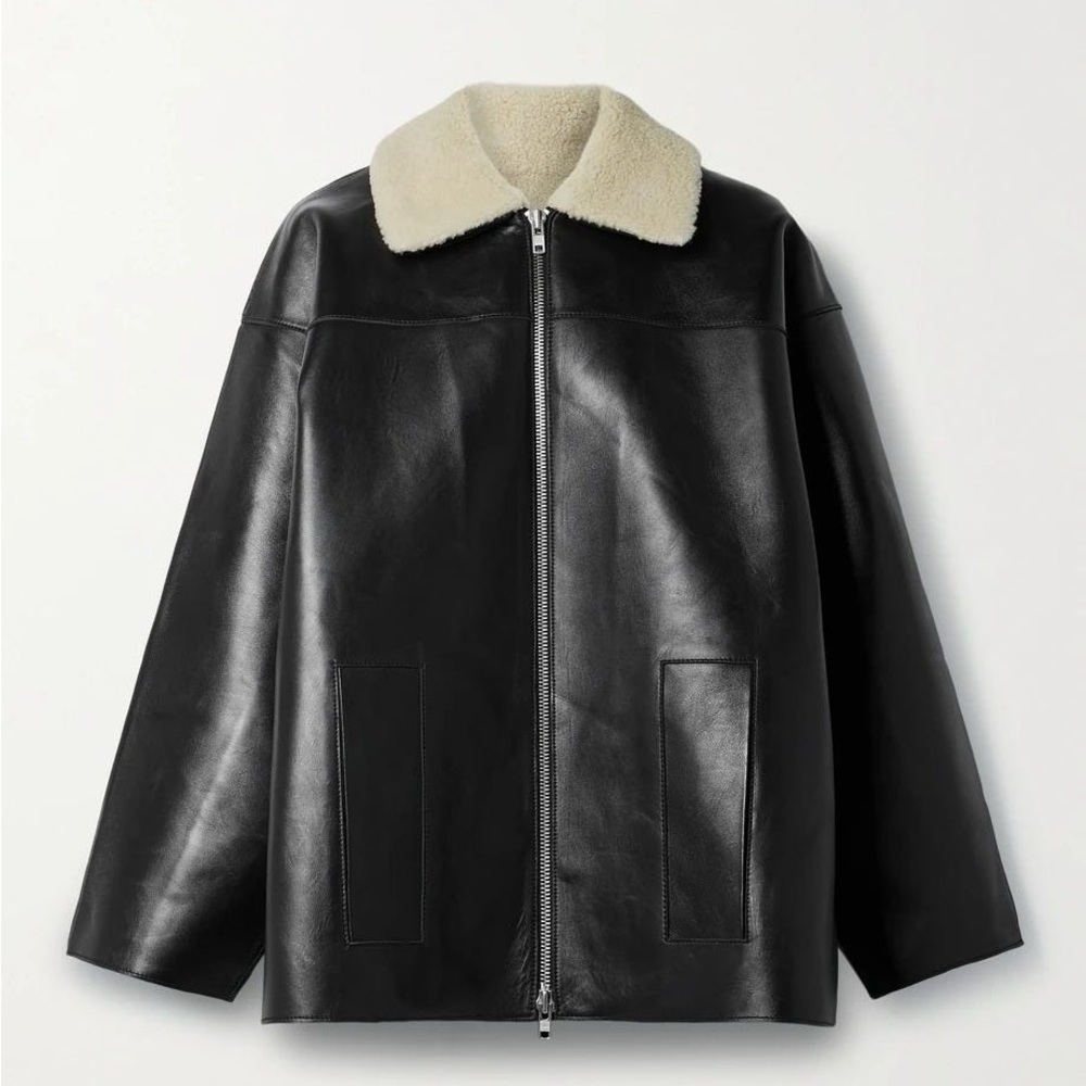 Stand Studio Black Shearling Jacket with Detachable Collar